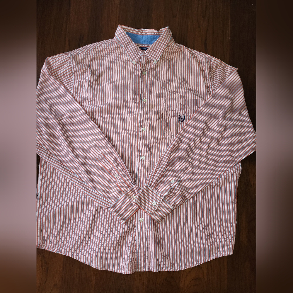 Chaps Men's XL Red Blue Stripe Easy Care Collared Casual Buttondown Shirt